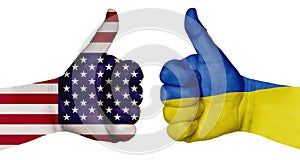 Two hands are painted with flags of different countries, with a thumb raised up. Ukraine and the USA