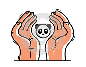 Two hands with panda bear protecting and showing care vector flat style illustration isolated on white, cherish and defense for