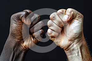 two hands of people of different nationalities raised up with fists symbolize freedom and equal rights. Emancipation and Freedom