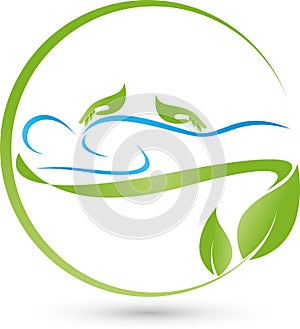 Two hands and person, massage and wellness logo