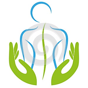 Two hands and person, orthopedics and massage logo, icon