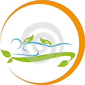 Two hands and person, orthopedics and massage logo, icon