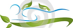 Two hands and person, orthopedics and massage logo, icon