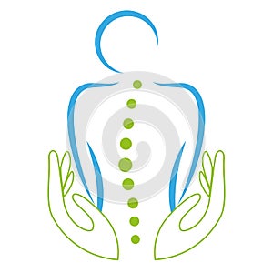 Two hands and person, orthopedics and massage logo, icon photo