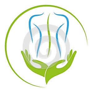 Two hands and person, orthopedics and massage logo, icon photo
