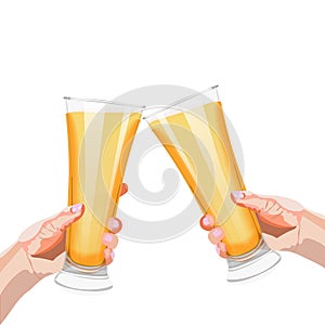 Two hands with pilsner glasses of beer for banners, flyers, posters, cards. Light beer with foam. International Beer Day