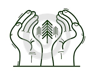 Two hands with pine trees protecting and showing care vector flat style illustration isolated on white, cherish and defense for