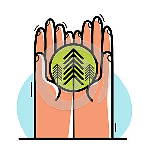 Two hands with pine trees protecting and showing care vector flat style illustration isolated on white, cherish and defense for