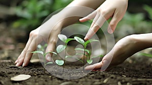 Two hands are planting a small plant in the dirt