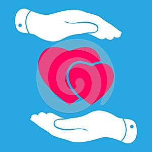 Two hands protecting pink hearts icon