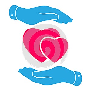 Two hands protecting pink hearts icon