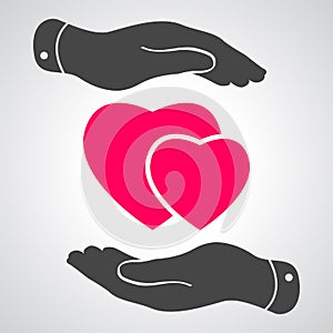 Two hands protecting pink hearts icon