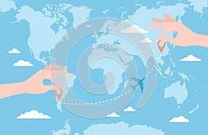 Two hands putting pin icons on a blue world map and an airplane flying on a route. Flat vector illustration
