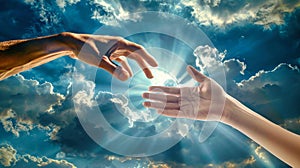 Two hands of reaching towards each other in the sky, symbolizing unity, connection, and hope