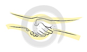 Two hands shaking each other. Partners handshake. Hands holding one another gesture of contract agreement, friendship