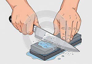 Two hands sharpening a knife on a whetstone. The knife is held in