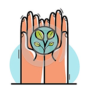 Two hands with small plant protecting and showing care vector flat style illustration isolated on white, cherish and defense for