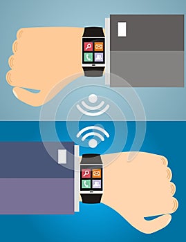 Two hands with a smart watch displaying a web icons. Concept of