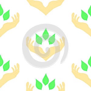 Two hands surrounding green leaves, seamless pattern