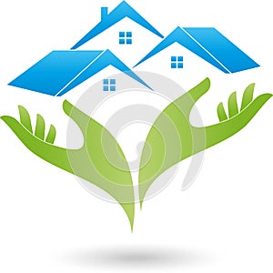 Two hands and three houses, roofs, real estate logo