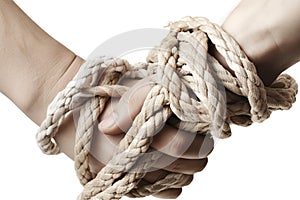 two hands tied with rope isolated on white background. Generated by AI