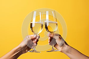 Two Hands Toasting with champagne glasses isolated on yellow background