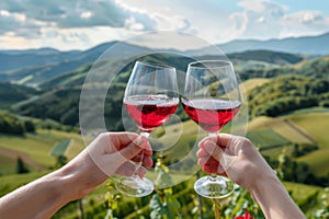 Two hands toasting with red wine glasses against the backdrop of green hills and mountains. Generative AI