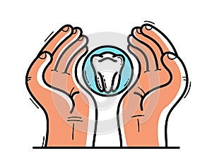 Two hands with tooth protecting and showing care vector flat style illustration isolated on white, cherish and defense for teeth