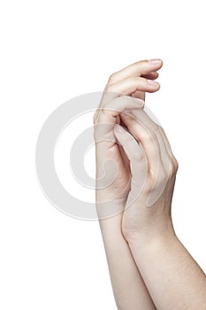 Two hands touching one another, white background