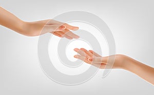 Two hands touching People helping each other with their fingertips. Giving a helping hand concept. Concept of human relation, photo