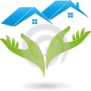 Two hands and two houses, roofs, real estate logo