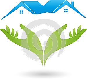 Two hands and two houses, roofs, real estate logo