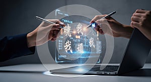 Two hands using styluses interact with a holographic display showing people and data