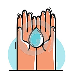 Two hands with water drop protecting and showing care vector flat style illustration isolated on white, cherish and defense for