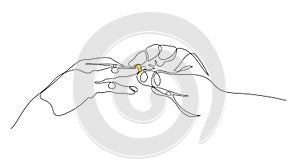 Two hands and a wedding ring. Hands drawn in one line. Betrothal.