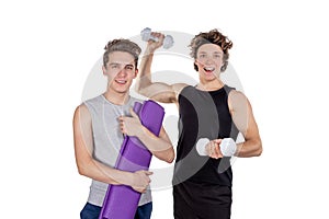 Two handsome guys doing fitness workout with weights isolated on white background