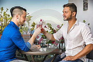 Two handsome young men sitting at the table with wine