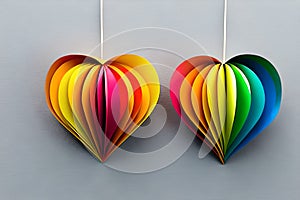 Two hanging rainbow colored paper cut out in the love heart shape. Paper art rainbow heart background with 3d effect, heart shape