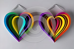 Two hanging rainbow colored paper cut out in the love heart shape. Paper art rainbow heart background with 3d effect, heart shape