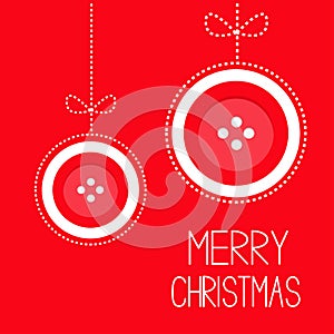 Two hanging red button merry Christmas ball with bow dash line thred applique Card Flat design