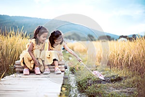 Two happy asian little child girls having fun to play together