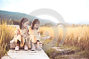 Two happy asian little child girls having fun to play together