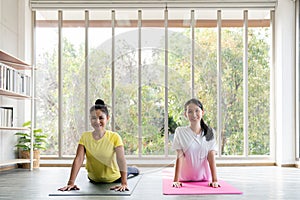 Two happy asian women in yoga poses in yoga studio with natura llight setting scene / exercise concept / yoga practice / copy