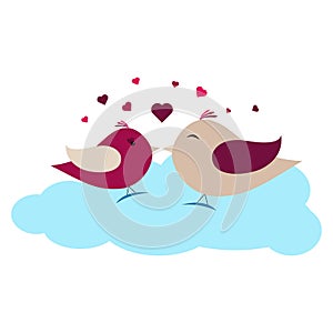 Two happy birds in love on cloud