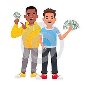 Two happy boys are holding dollar bills in their hand. Little businessmen. Beautiful children with money in their hands