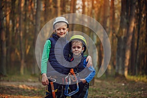 Two happy brave adorable brothers, double portrait, looking at