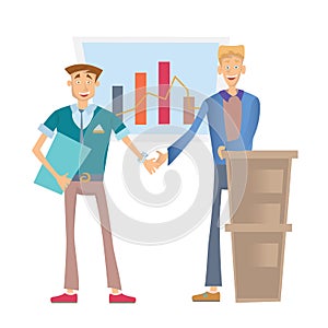 Two happy business people shaking hands, standing at a flip chart with a financial graph. Vector illustration, isolated