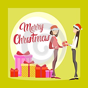 Two Happy Business Woman Hold Present Box Gift Merry Christmas And New Year