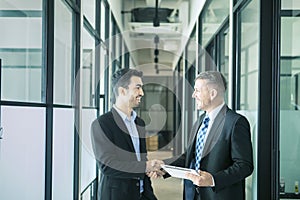 Two Happy businessmen shaking hands in office