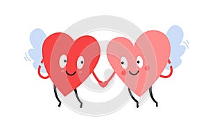 Two happy cartoon heart characters. Flying hearts. Romantic Valentines Day design. Couple in love holding hands. Angels